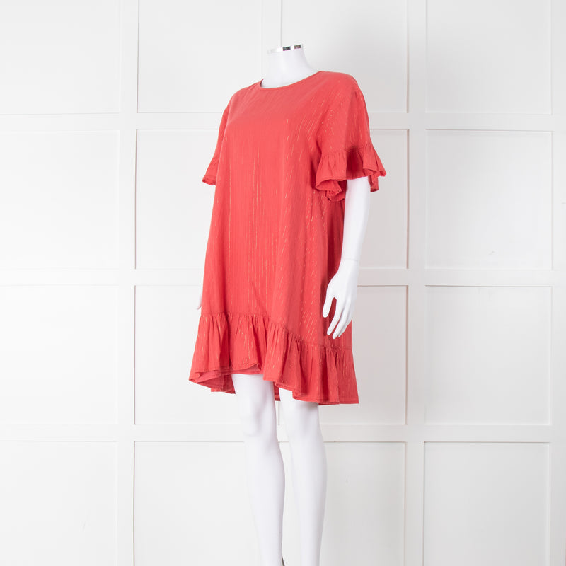 Pink Chicken Coral Lurex Stripe Ruffle Short Sleeve Dress