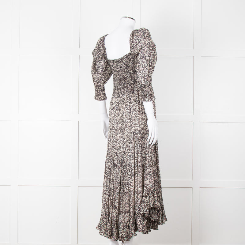 Masscob Grey Brown Print Smocking Detail Cotton Dress