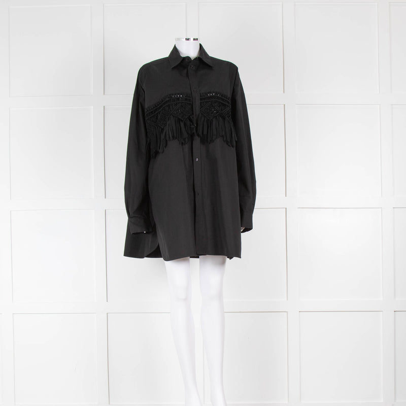 Raey Black Silk Macrame Insert Oversized Collared Shirt