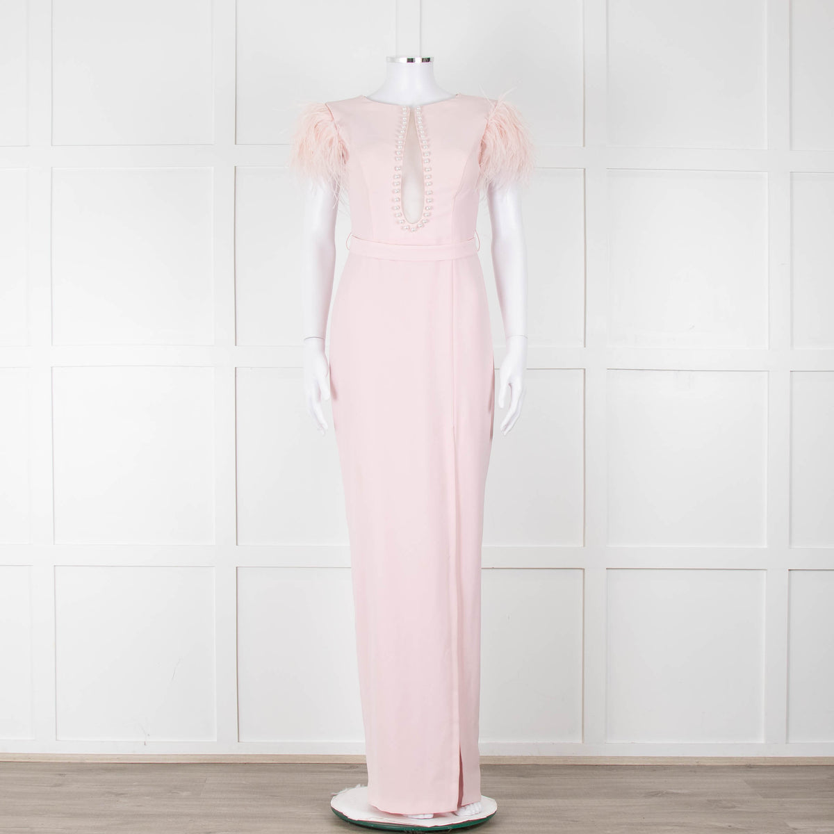 Silvia Navarro Landon Pink Long Dress With Pink Feather Shoulders