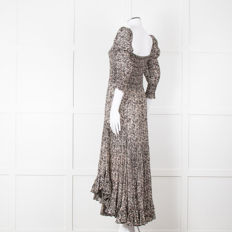 Masscob Grey Brown Print Smocking Detail Cotton Dress