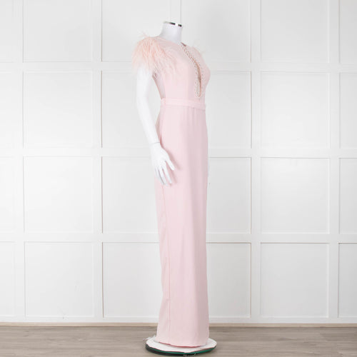 Silvia Navarro Landon Pink Long Dress With Pink Feather Shoulders