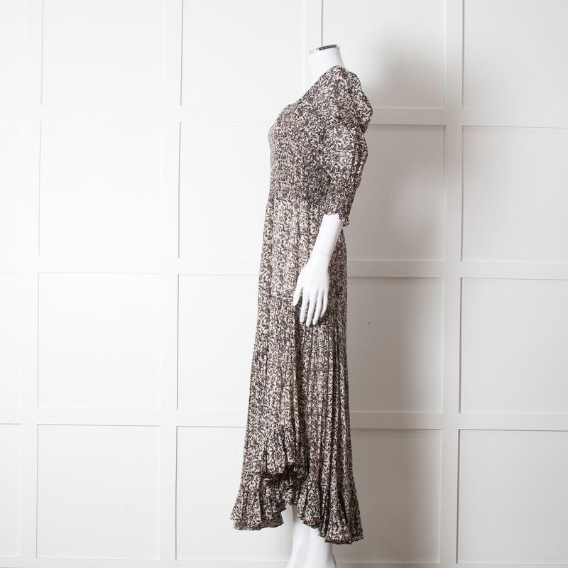 Masscob Grey Brown Print Smocking Detail Cotton Dress
