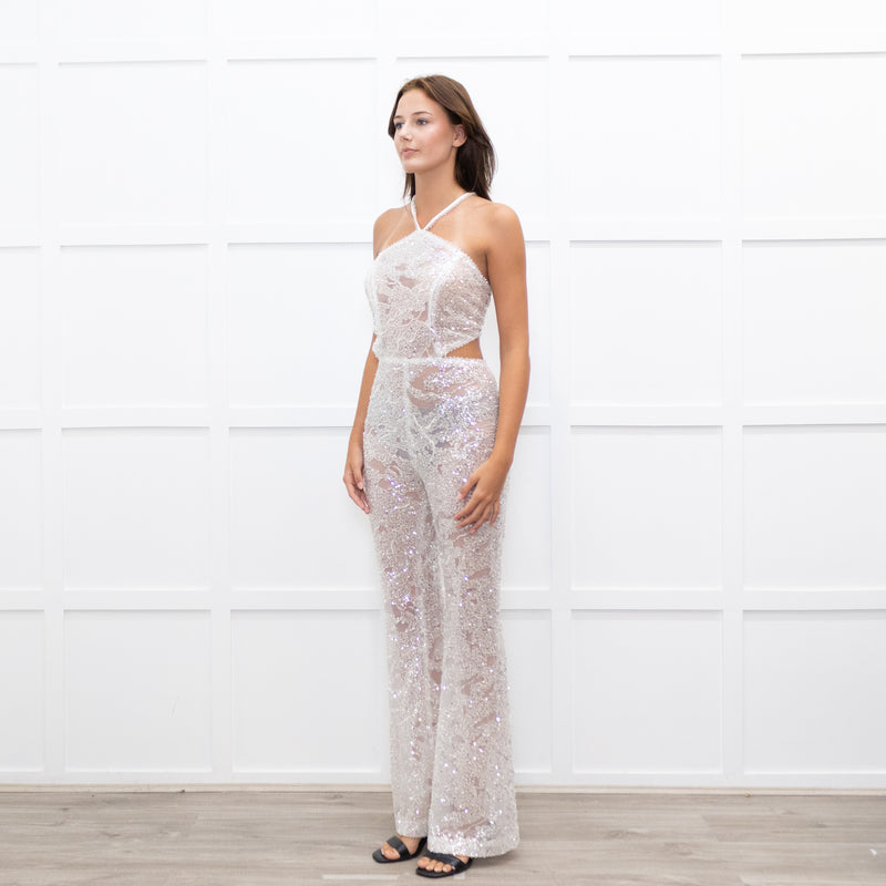 Nadine Merabi White Sequin Hallie Halter Neck Jumpsuit
