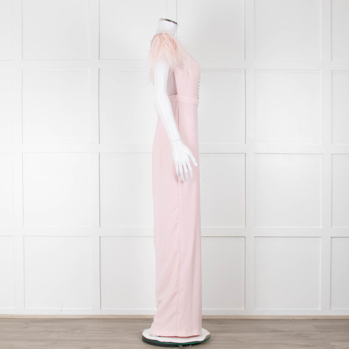 Silvia Navarro Landon Pink Long Dress With Pink Feather Shoulders