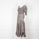 Masscob Grey Brown Print Smocking Detail Cotton Dress