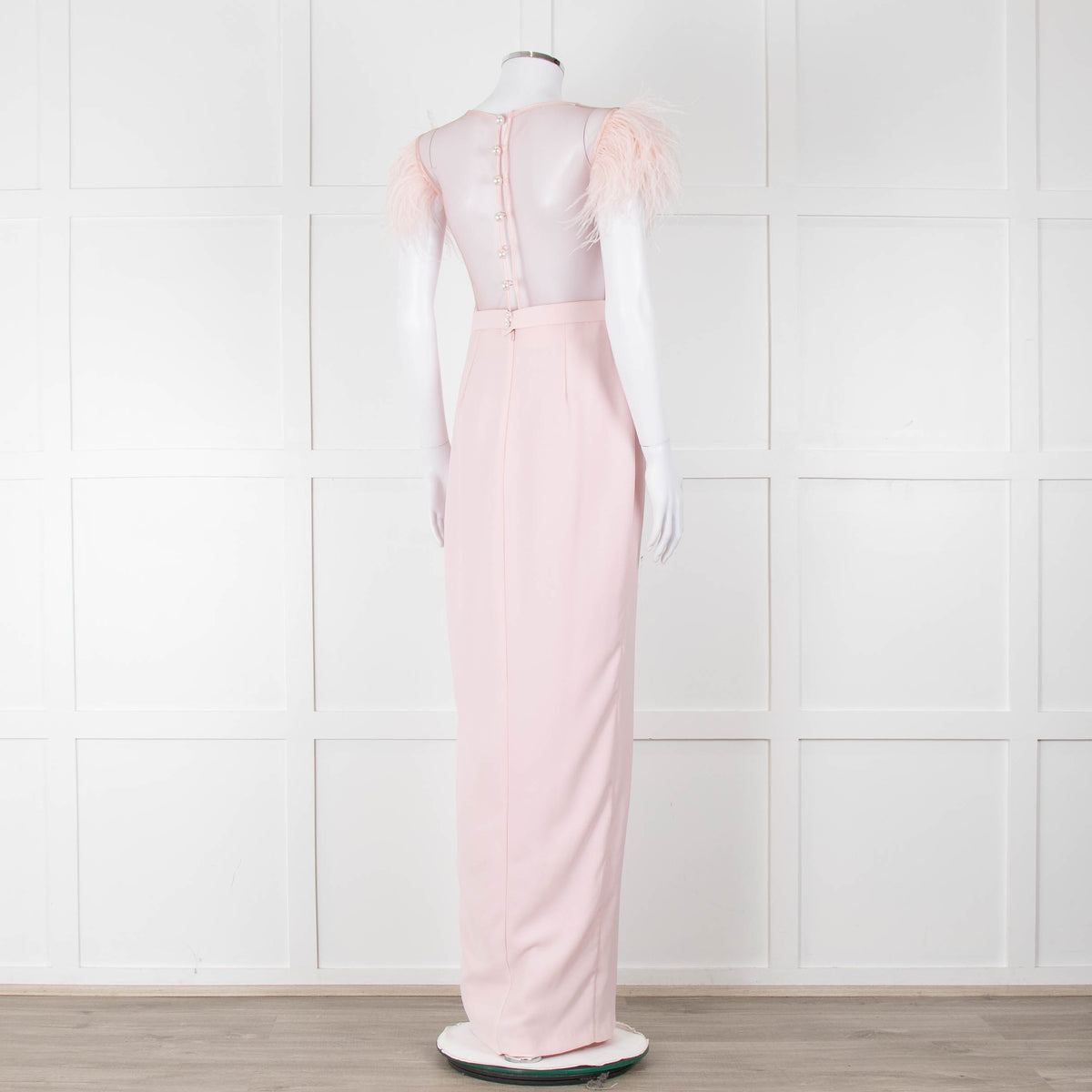 Silvia Navarro Landon Pink Long Dress With Pink Feather Shoulders