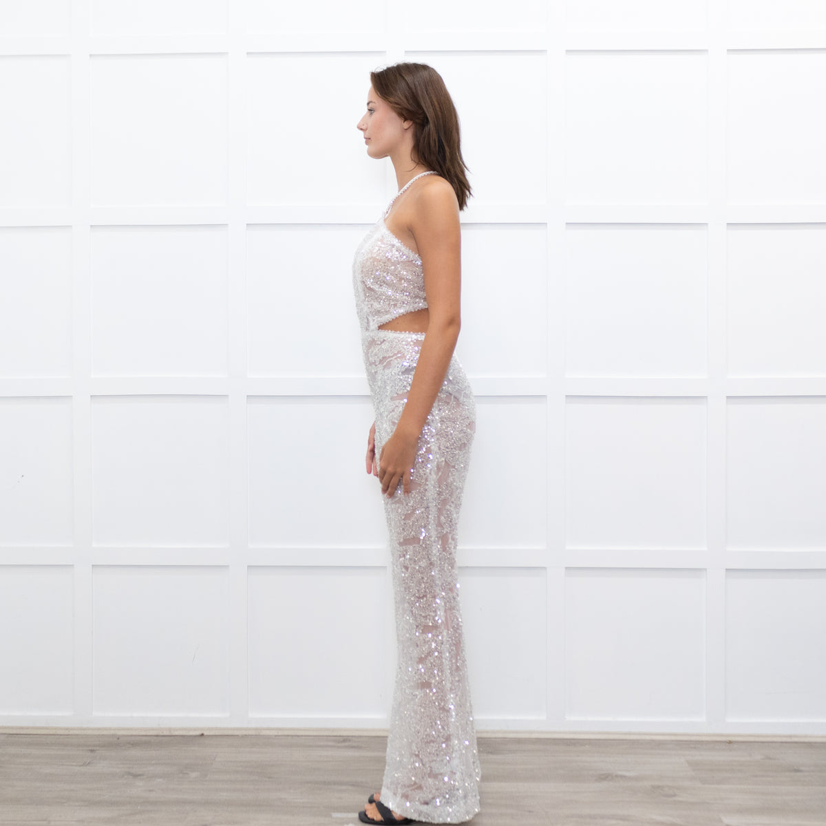 Nadine Merabi White Sequin Hallie Halter Neck Jumpsuit