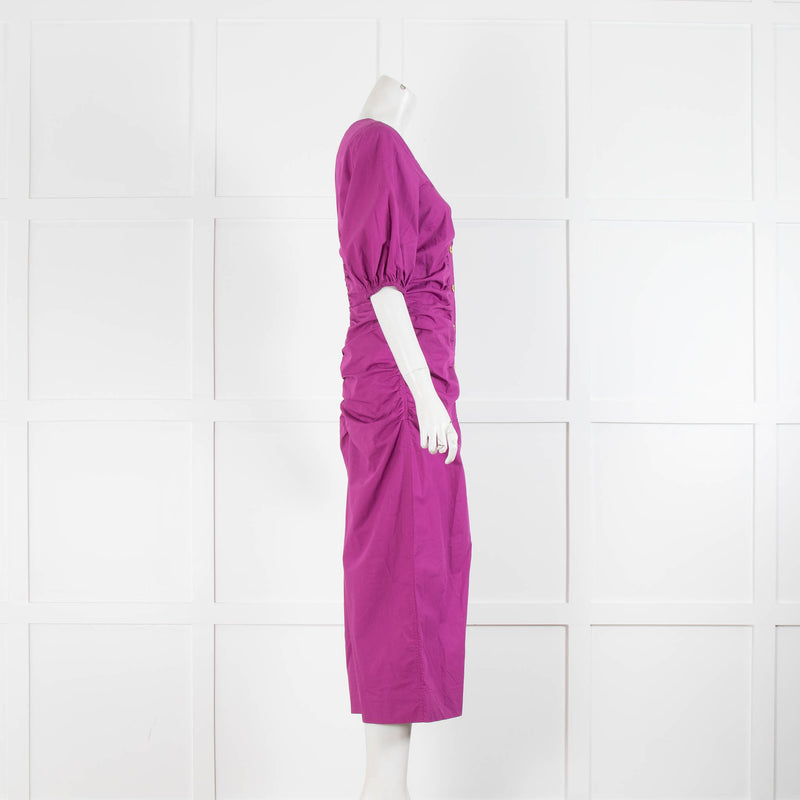 Ganni Purple Cotton Ruched Front Short Sleeve Dress