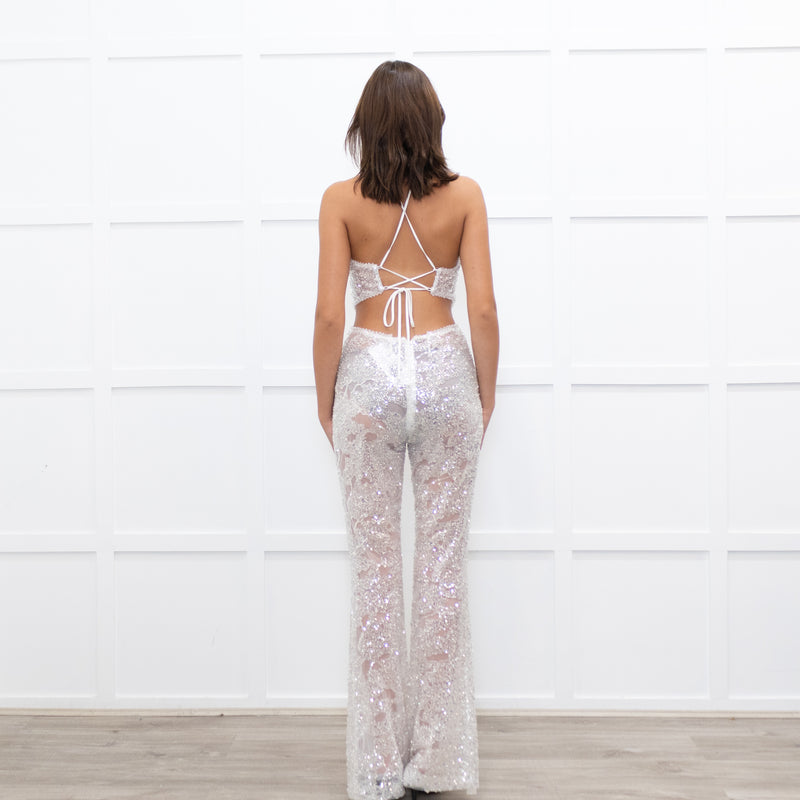 Nadine Merabi White Sequin Hallie Halter Neck Jumpsuit