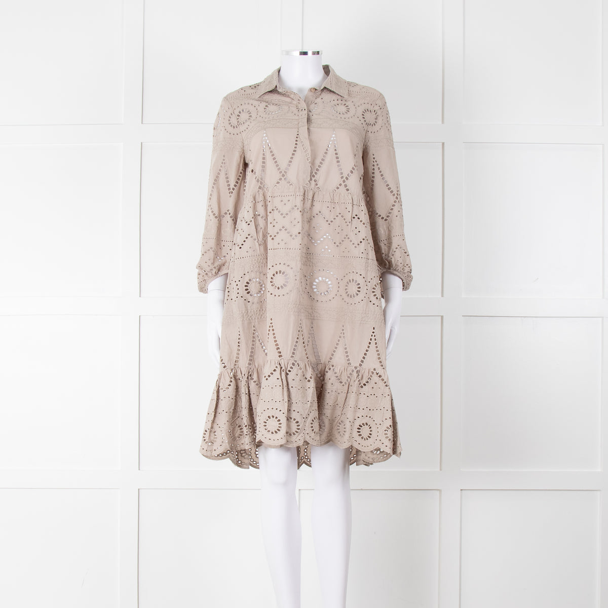 Luisa Cerano Beige Cotton Broidery Knee Length Dress & Slip