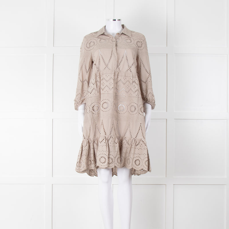 Luisa Cerano Beige Cotton Broidery Knee Length Dress & Slip