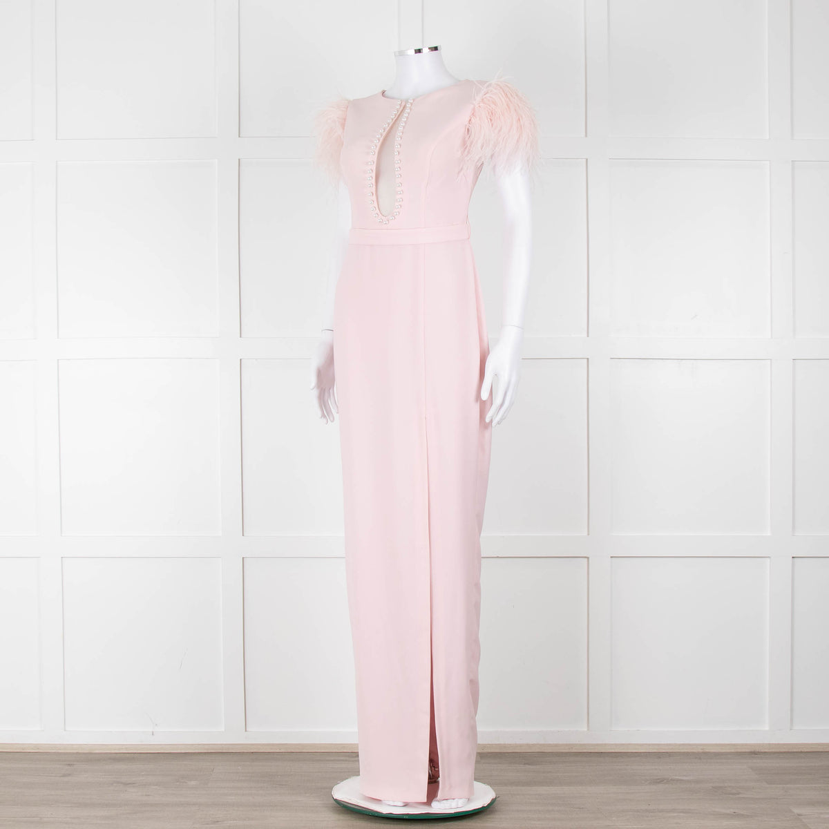 Silvia Navarro Landon Pink Long Dress With Pink Feather Shoulders