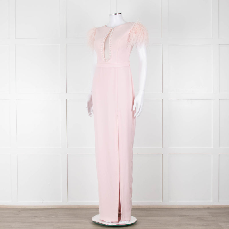 Silvia Navarro Landon Pink Long Dress With Pink Feather Shoulders
