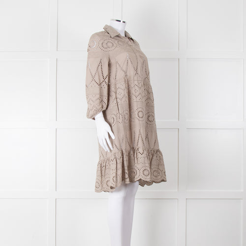 Luisa Cerano Beige Cotton Broidery Knee Length Dress & Slip