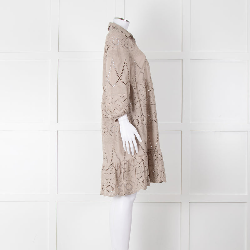 Luisa Cerano Beige Cotton Broidery Knee Length Dress & Slip