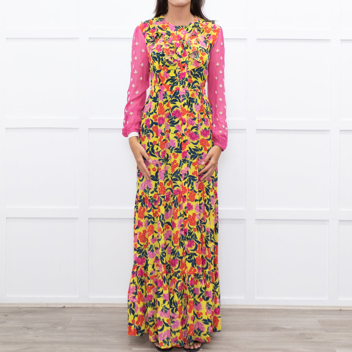 Saloni Yellow Pink Orange Green Silk Floral Print Beaded Sleeve Maxi Dress