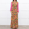 Saloni Yellow Pink Orange Green Silk Floral Print Beaded Sleeve Maxi Dress