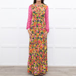 Saloni Yellow Pink Orange Green Silk Floral Print Beaded Sleeve Maxi Dress