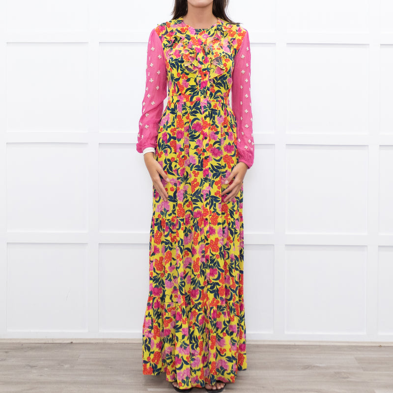 Saloni Yellow Pink Orange Green Silk Floral Print Beaded Sleeve Maxi Dress