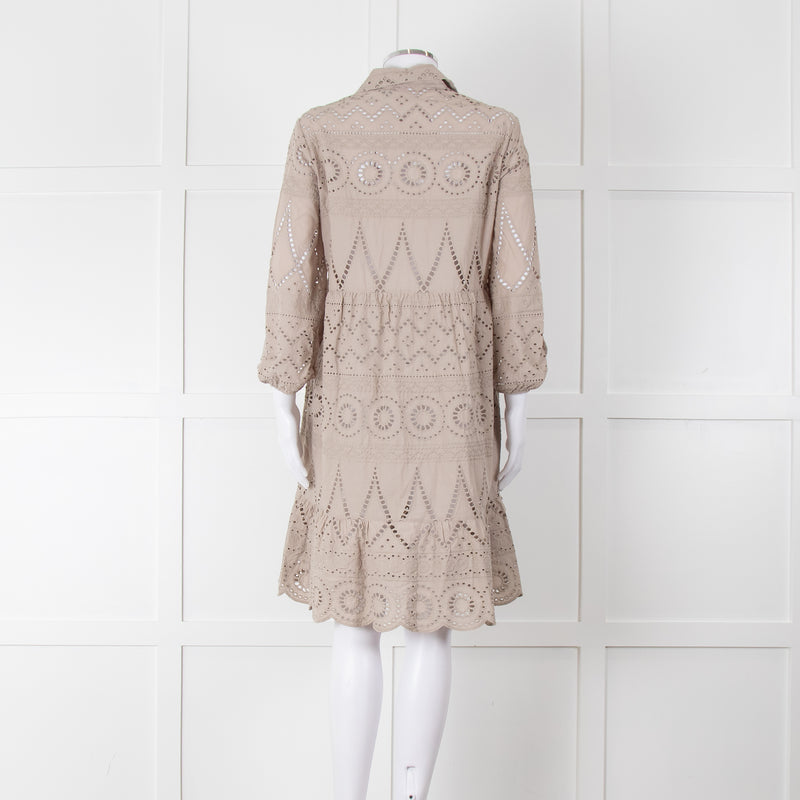 Luisa Cerano Beige Cotton Broidery Knee Length Dress & Slip