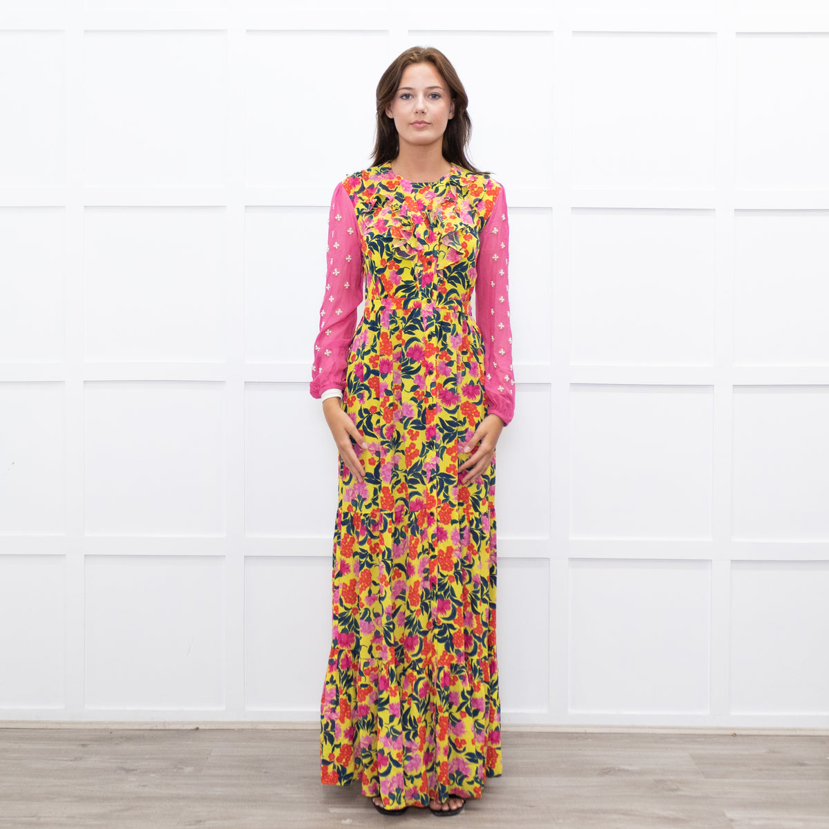 Saloni Yellow Pink Orange Green Silk Floral Print Beaded Sleeve Maxi Dress