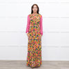 Saloni Yellow Pink Orange Green Silk Floral Print Beaded Sleeve Maxi Dress