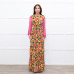 Saloni Yellow Pink Orange Green Silk Floral Print Beaded Sleeve Maxi Dress
