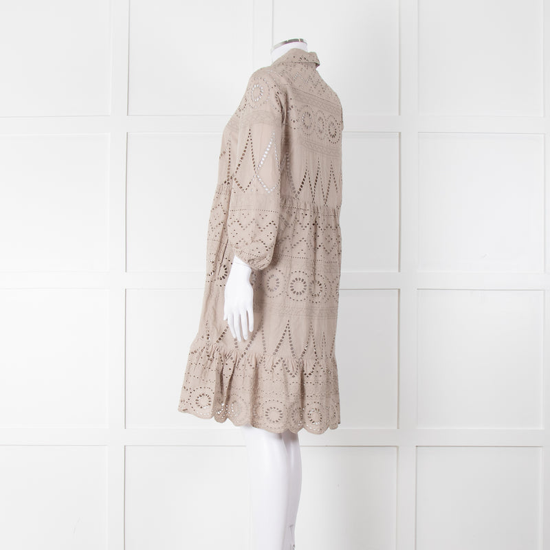 Luisa Cerano Beige Cotton Broidery Knee Length Dress & Slip