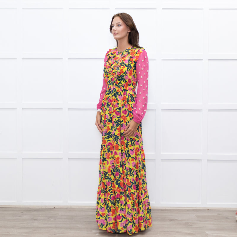 Saloni Yellow Pink Orange Green Silk Floral Print Beaded Sleeve Maxi Dress