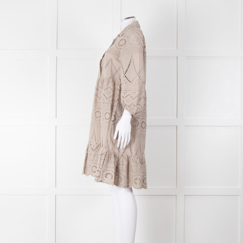 Luisa Cerano Beige Cotton Broidery Knee Length Dress & Slip