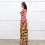 Saloni Yellow Pink Orange Green Silk Floral Print Beaded Sleeve Maxi Dress