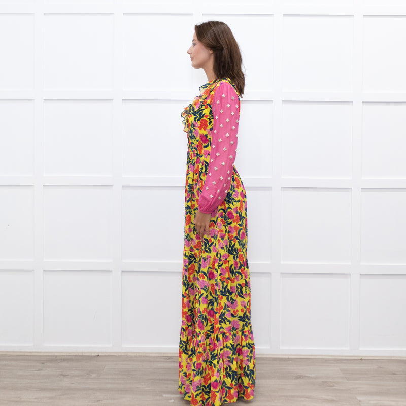 Saloni Yellow Pink Orange Green Silk Floral Print Beaded Sleeve Maxi Dress