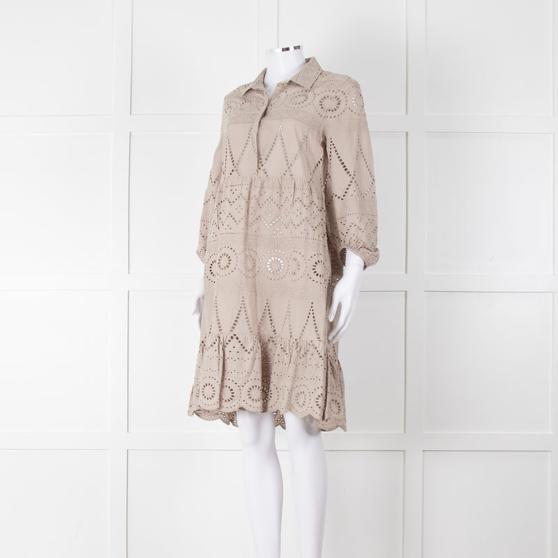 Luisa Cerano Beige Cotton Broidery Knee Length Dress & Slip