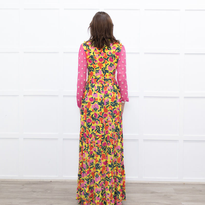 Saloni Yellow Pink Orange Green Silk Floral Print Beaded Sleeve Maxi Dress