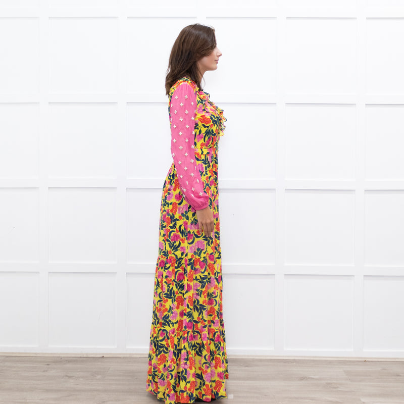 Saloni Yellow Pink Orange Green Silk Floral Print Beaded Sleeve Maxi Dress
