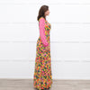 Saloni Yellow Pink Orange Green Silk Floral Print Beaded Sleeve Maxi Dress