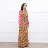Saloni Yellow Pink Orange Green Silk Floral Print Beaded Sleeve Maxi Dress