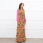 Saloni Yellow Pink Orange Green Silk Floral Print Beaded Sleeve Maxi Dress