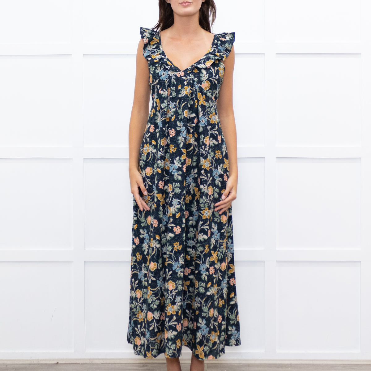 Iris Navy Blue Yellow Coral Green Floral Strappy Frill Maxi Dress