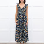 Iris Navy Blue Yellow Coral Green Floral Strappy Frill Maxi Dress