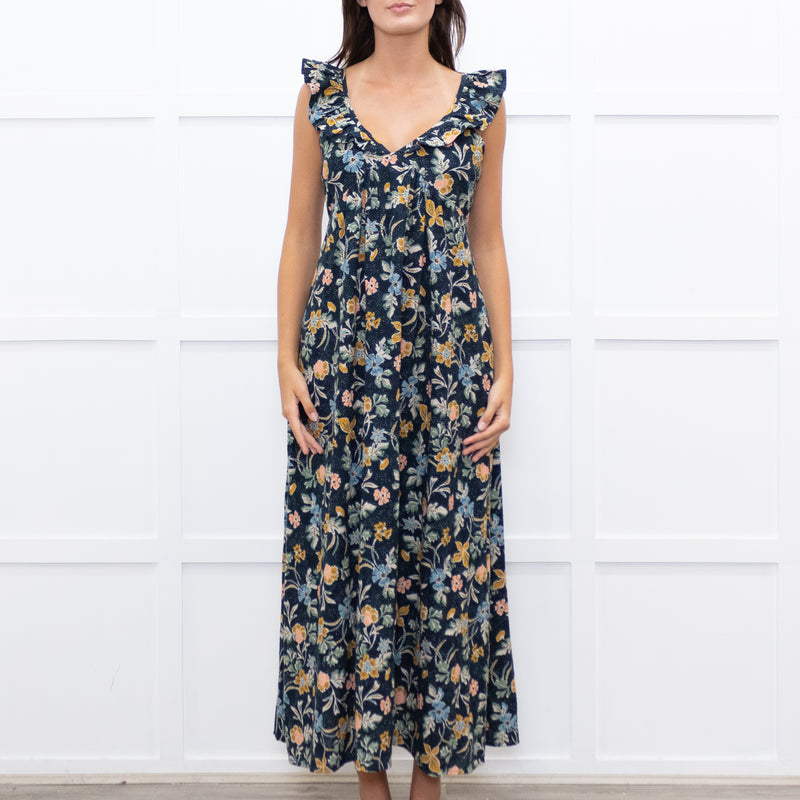 Iris Navy Blue Yellow Coral Green Floral Strappy Frill Maxi Dress