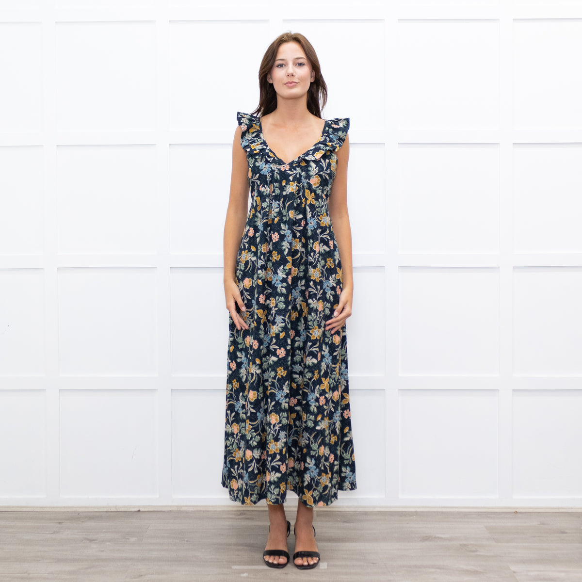 Iris Navy Blue Yellow Coral Green Floral Strappy Frill Maxi Dress