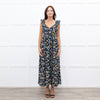 Iris Navy Blue Yellow Coral Green Floral Strappy Frill Maxi Dress