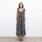 Iris Navy Blue Yellow Coral Green Floral Strappy Frill Maxi Dress