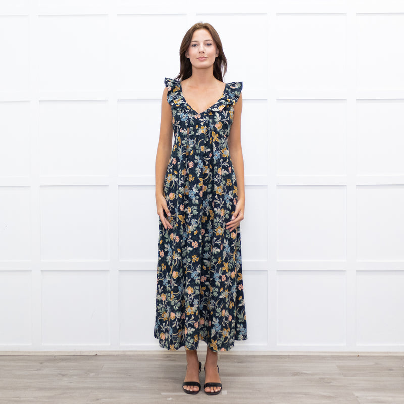 Iris Navy Blue Yellow Coral Green Floral Strappy Frill Maxi Dress