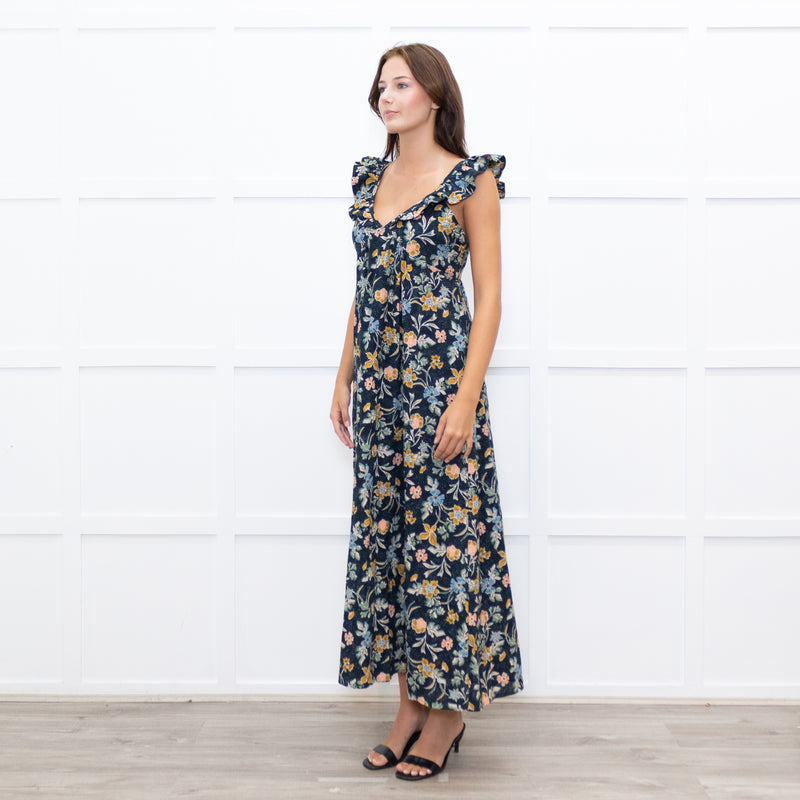 Iris Navy Blue Yellow Coral Green Floral Strappy Frill Maxi Dress