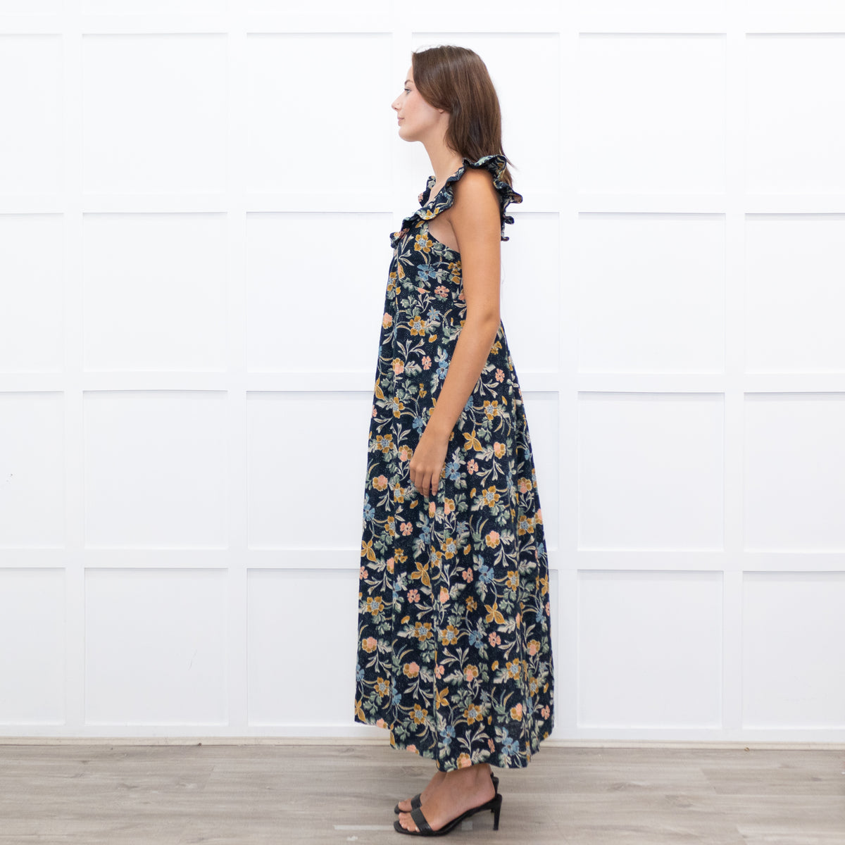 Iris Navy Blue Yellow Coral Green Floral Strappy Frill Maxi Dress