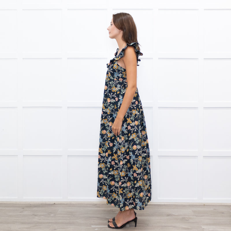Iris Navy Blue Yellow Coral Green Floral Strappy Frill Maxi Dress