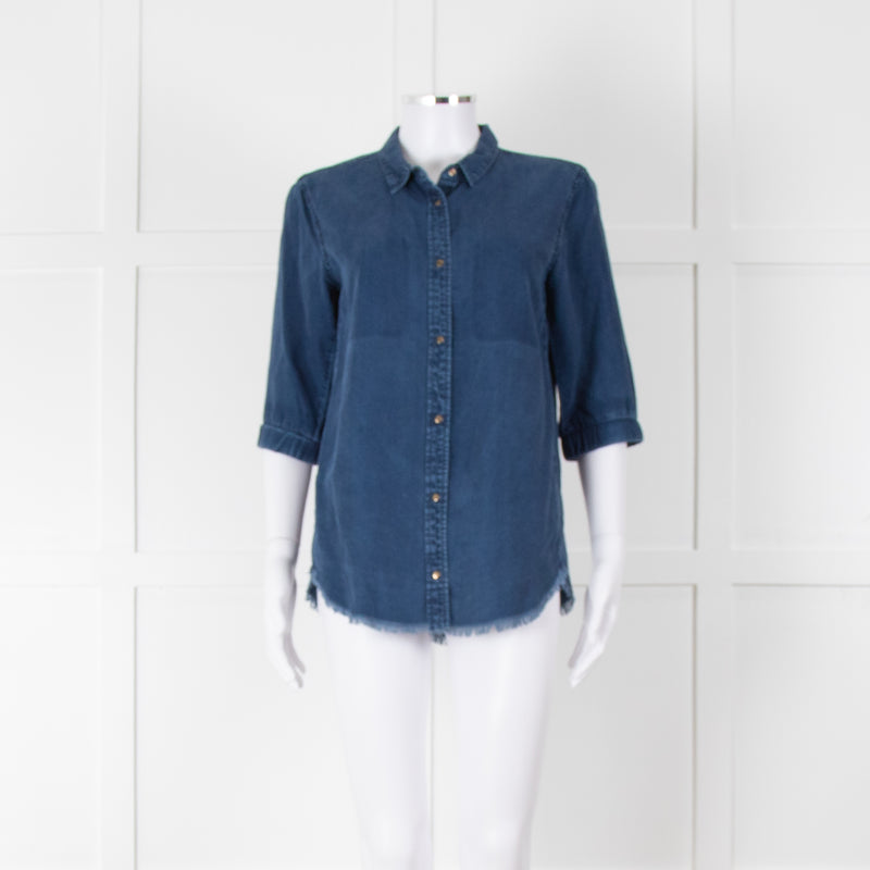 Ikks Blue Denim Frayed Hem 3/4 Sleeve Shirt